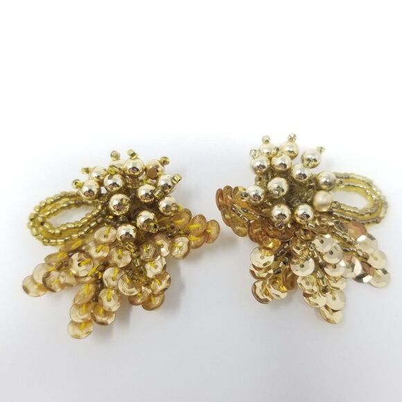 Vintage Pair of Sequin Dress or Shoe Clips, Gold Tone Beaded, Retro Design - Picture 1 of 5
